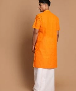 VASTRAMAY Men's Orange Striped Cotton Kurta And Mundu Set