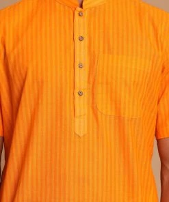 VASTRAMAY Men's Orange Striped Cotton Kurta And Mundu Set
