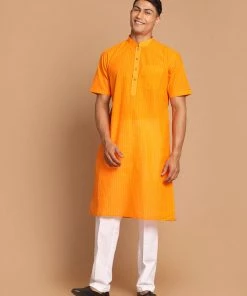 VASTRAMAY Men's Orange Striped Cotton Kurta With Pyjamas