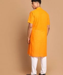VASTRAMAY Men's Orange Striped Cotton Kurta With Pyjamas