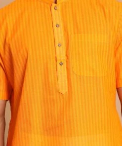 VASTRAMAY Men's Orange Striped Cotton Kurta With Pyjamas