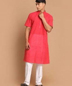 Ganesh Chaturthi VASTRAMAY Men's Pink Striped Cotton Kurta With Pyjamas