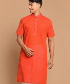 VASTRAMAY Men's Orange Striped Pure Cotton Kurta Kurta Sets