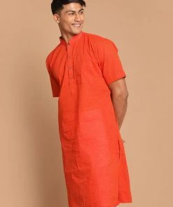VASTRAMAY Men's Orange Striped Pure Cotton Kurta Kurta Sets