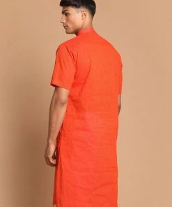 VASTRAMAY Men's Orange Striped Pure Cotton Kurta Kurta Sets