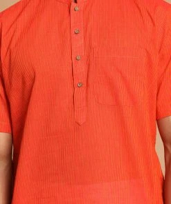 VASTRAMAY Men's Orange Striped Pure Cotton Kurta Kurta Sets