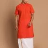 VASTRAMAY Men's Orange Pure Cotton Striped Kurta And Mundu Set 2 VASTRAMAY Men's Orange Pure Cotton Striped Kurta And Mundu Set