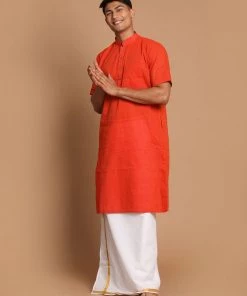 VASTRAMAY Men's Orange Pure Cotton Striped Kurta And Mundu Set