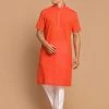 VASTRAMAY Men's Orange Striped Pure Cotton Kurta With Pyjamas Kurta Sets 2 VASTRAMAY Men's Orange Striped Pure Cotton Kurta With Pyjamas Kurta Sets