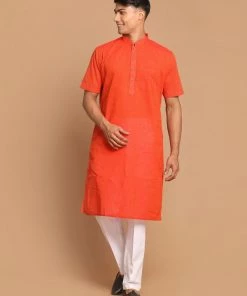 VASTRAMAY Men's Orange Striped Pure Cotton Kurta With Pyjamas Kurta Sets