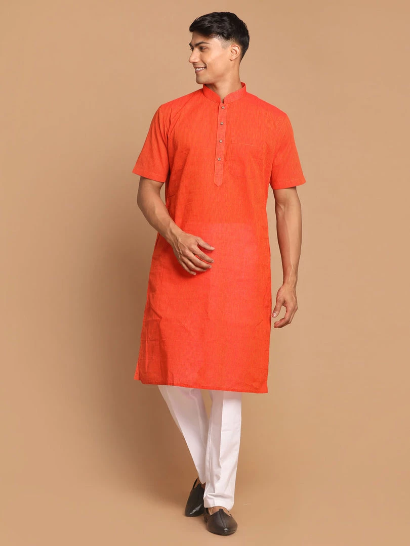 VASTRAMAY Men's Orange Striped Pure Cotton Kurta With Pyjamas Kurta Sets 3 VASTRAMAY Men's Orange Striped Pure Cotton Kurta With Pyjamas Kurta Sets