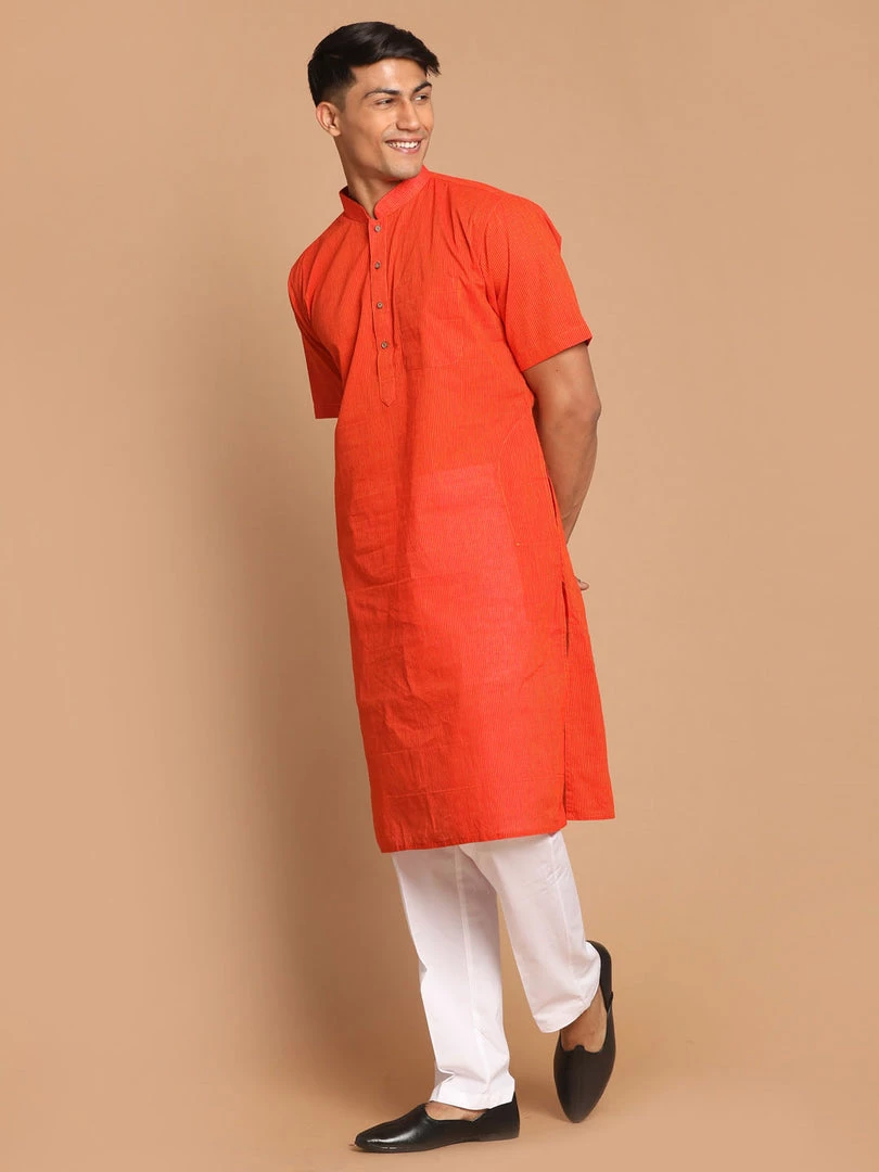 VASTRAMAY Men's Orange Striped Pure Cotton Kurta With Pyjamas Kurta Sets 4 VASTRAMAY Men's Orange Striped Pure Cotton Kurta With Pyjamas Kurta Sets