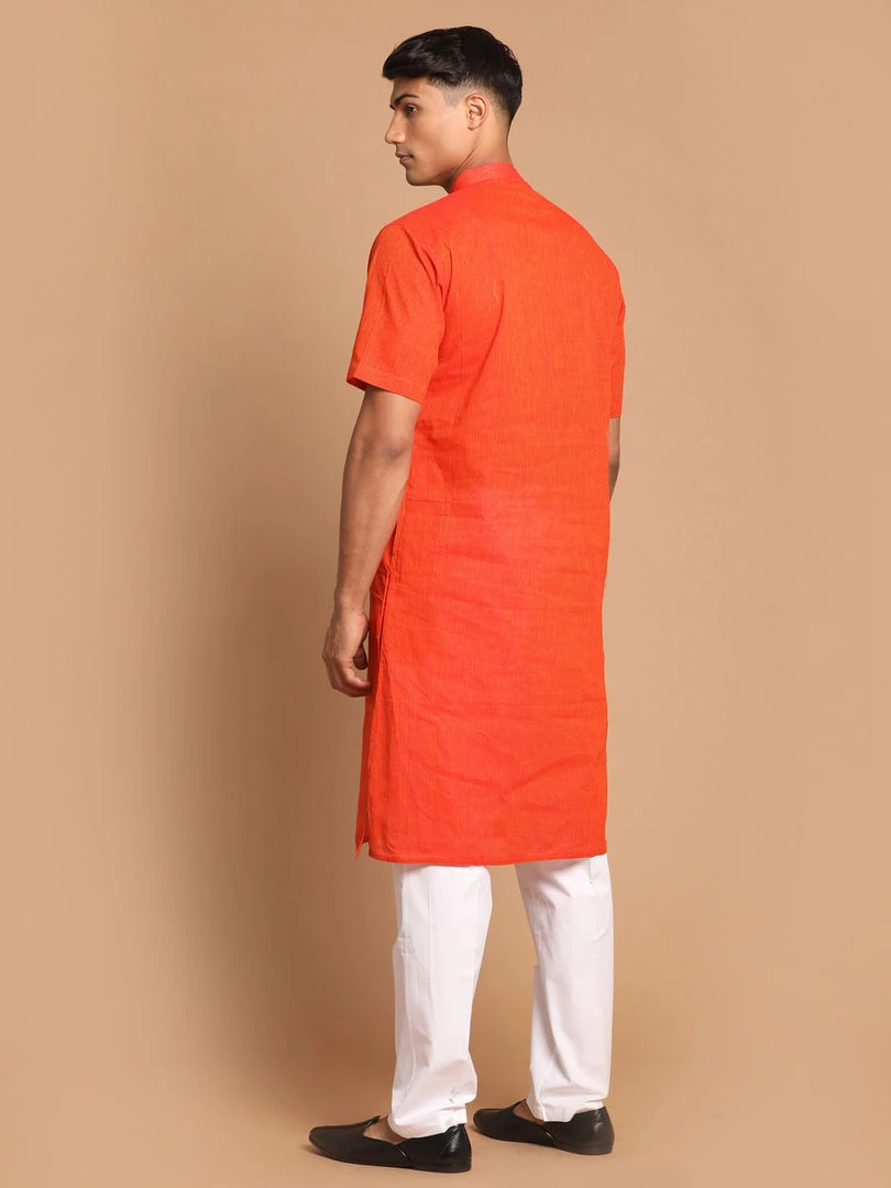 VASTRAMAY Men's Orange Striped Pure Cotton Kurta With Pyjamas Kurta Sets 5 VASTRAMAY Men's Orange Striped Pure Cotton Kurta With Pyjamas Kurta Sets