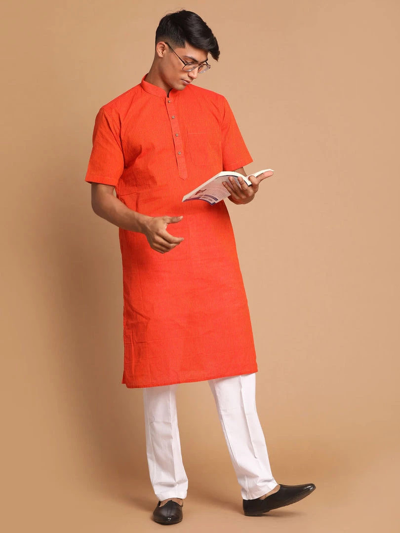 VASTRAMAY Men's Orange Striped Pure Cotton Kurta With Pyjamas Kurta Sets 8 VASTRAMAY Men's Orange Striped Pure Cotton Kurta With Pyjamas Kurta Sets