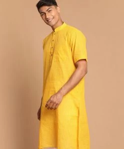 VASTRAMAY Men's Yellow Striped Pure Cotton Kurta