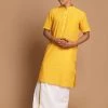 VASTRAMAY Men's Yellow Pure Cotton Striped Kurta And Mundu Set 1 VASTRAMAY Men's Yellow Pure Cotton Striped Kurta And Mundu Set