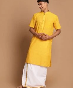 VASTRAMAY Men's Yellow Pure Cotton Striped Kurta And Mundu Set