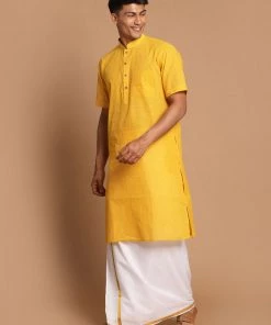 VASTRAMAY Men's Yellow Pure Cotton Striped Kurta And Mundu Set