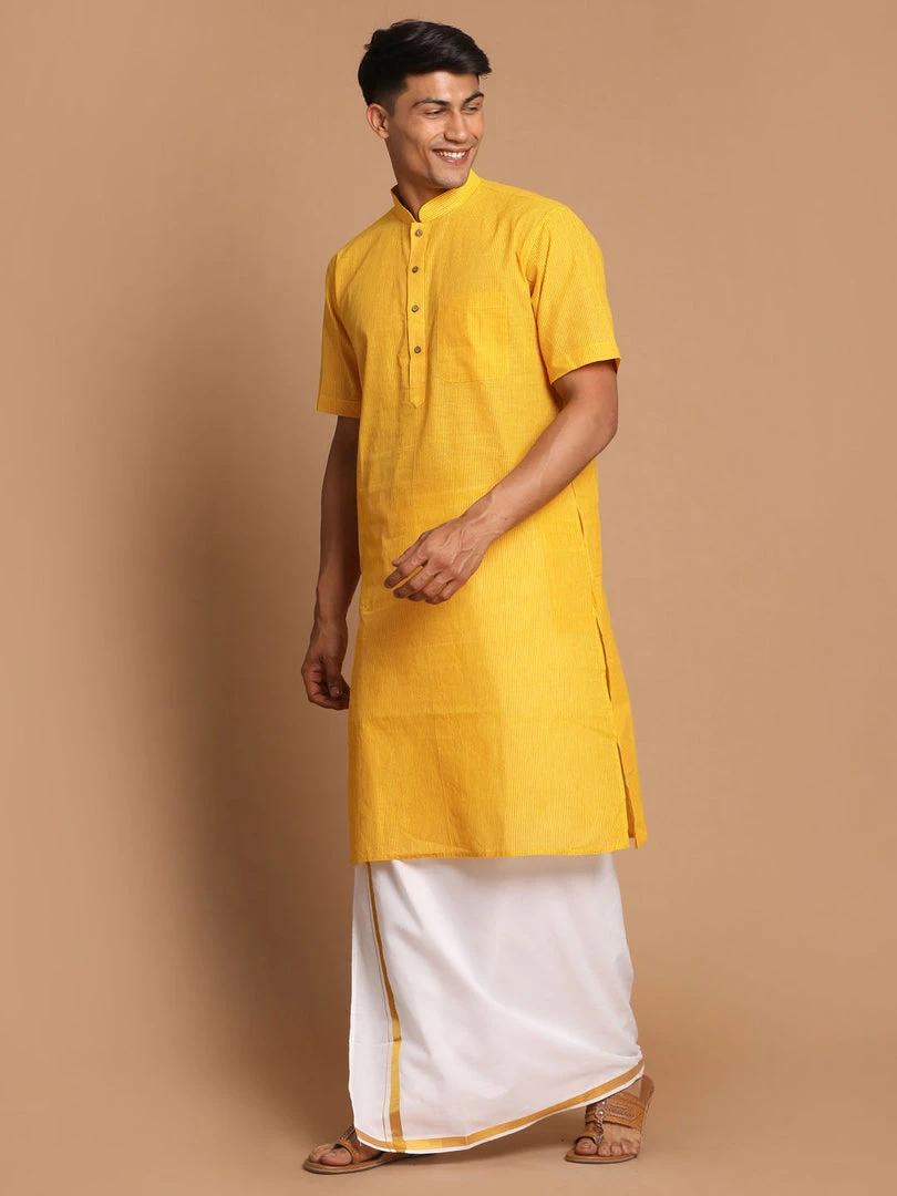 VASTRAMAY Men's Yellow Pure Cotton Striped Kurta And Mundu Set 4 VASTRAMAY Men's Yellow Pure Cotton Striped Kurta And Mundu Set