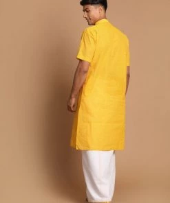 VASTRAMAY Men's Yellow Pure Cotton Striped Kurta And Mundu Set 10 VASTRAMAY Men's Yellow Pure Cotton Striped Kurta And Mundu Set
