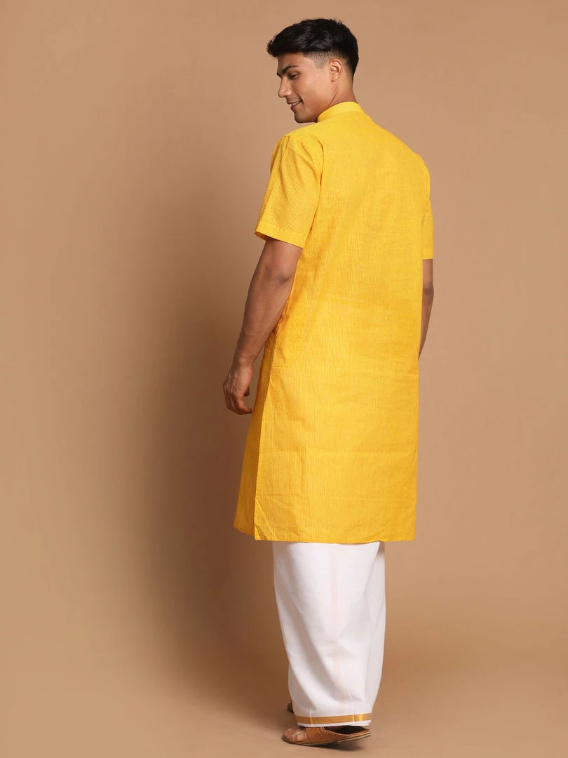 VASTRAMAY Men's Yellow Pure Cotton Striped Kurta And Mundu Set 5 VASTRAMAY Men's Yellow Pure Cotton Striped Kurta And Mundu Set