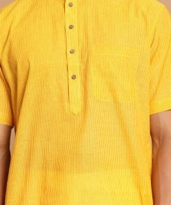 VASTRAMAY Men's Yellow Pure Cotton Striped Kurta And Mundu Set 11 VASTRAMAY Men's Yellow Pure Cotton Striped Kurta And Mundu Set
