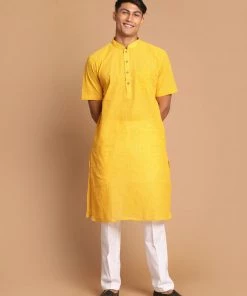 VASTRAMAY Men's Yellow Striped Pure Cotton Kurta With Pant