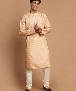 VASTRAMAY Men's Pink Color Silk Blend Printed Kurta With Cream Pyjamas Set
