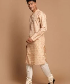 VASTRAMAY Men's Pink Color Silk Blend Printed Kurta With Cream Pyjamas Set