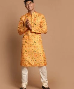 VASTRAMAY Men's Yellow Color Silk Blend Ethnic Kurta With Cream Pyjamas Set