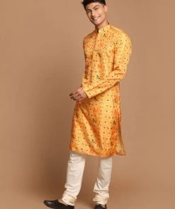 VASTRAMAY Men's Yellow Color Silk Blend Ethnic Kurta With Cream Pyjamas Set