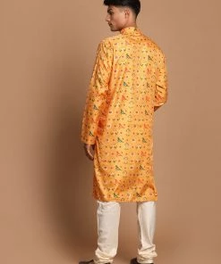VASTRAMAY Men's Yellow Color Silk Blend Ethnic Kurta With Cream Pyjamas Set