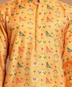 VASTRAMAY Men's Yellow Color Silk Blend Ethnic Kurta With Cream Pyjamas Set