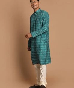 Ganesh Chaturthi VASTRAMAY Men's Green Color Ethnic Kurta With Cream Pyjama Set