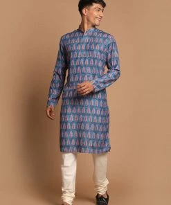 Ganesh Chaturthi VASTRAMAY Men's Blue Color Ethnic Kurta With Cream Pyjama Set