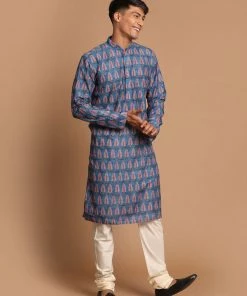 Ganesh Chaturthi VASTRAMAY Men's Blue Color Ethnic Kurta With Cream Pyjama Set