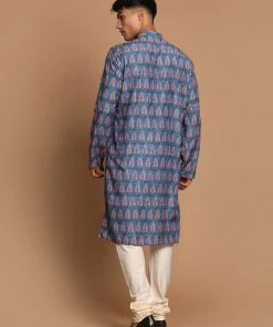Ganesh Chaturthi VASTRAMAY Men's Blue Color Ethnic Kurta With Cream Pyjama Set