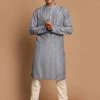 Kurta Sets VASTRAMAY Men's Gray Color Striped Kurta With Cream Pyjamas Set