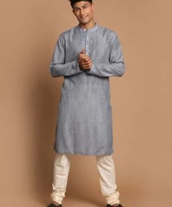 Kurta Sets VASTRAMAY Men's Gray Color Striped Kurta With Cream Pyjamas Set