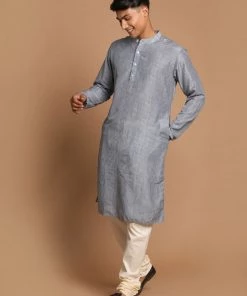 Kurta Sets VASTRAMAY Men's Gray Color Striped Kurta With Cream Pyjamas Set
