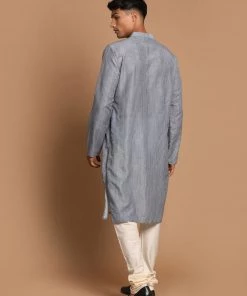 Kurta Sets VASTRAMAY Men's Gray Color Striped Kurta With Cream Pyjamas Set