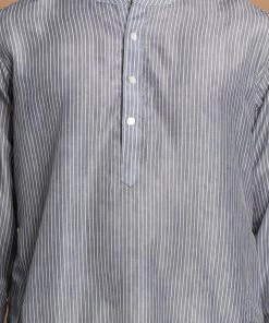 Kurta Sets VASTRAMAY Men's Gray Color Striped Kurta With Cream Pyjamas Set