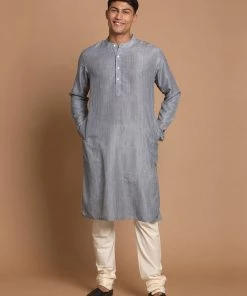 Kurta Sets VASTRAMAY Men's Gray Color Striped Kurta With Cream Pyjamas Set