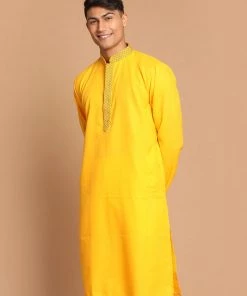 VASTRAMAY Men's Yellow Color Solid Kurta