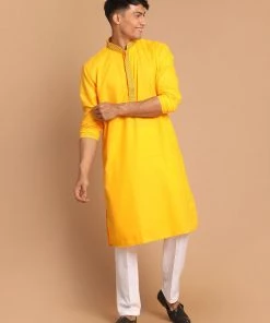 VASTRAMAY Men's Yellow And White Color Solid Kurta With Pant Set