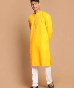 VASTRAMAY Men's Yellow And White Color Solid Kurta With Pant Set