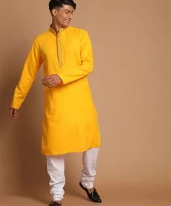 VASTRAMAY Men's Yellow And White Color Solid Kurta With Churidar Set
