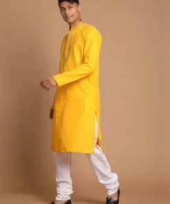 VASTRAMAY Men's Yellow And White Color Solid Kurta With Churidar Set