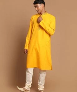 VASTRAMAY Men's Yellow And Cream Color Solid Kurta With Pyjama Set