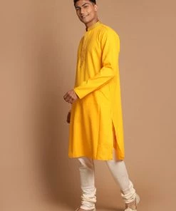 VASTRAMAY Men's Yellow And Cream Color Solid Kurta With Pyjama Set